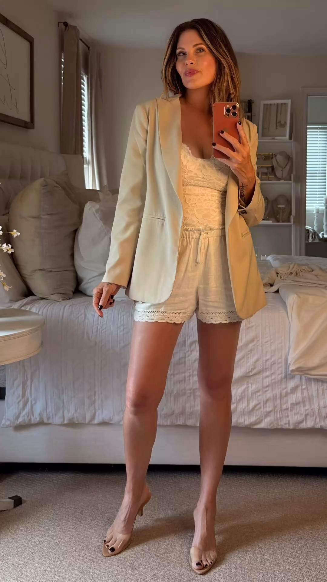 Target shorts dressed up. 

Shorts - downsize (1)//lace bodysuit - tts//blazer - tts//heels - size up 1/2

#LTKdayinmylife #LTKOver40