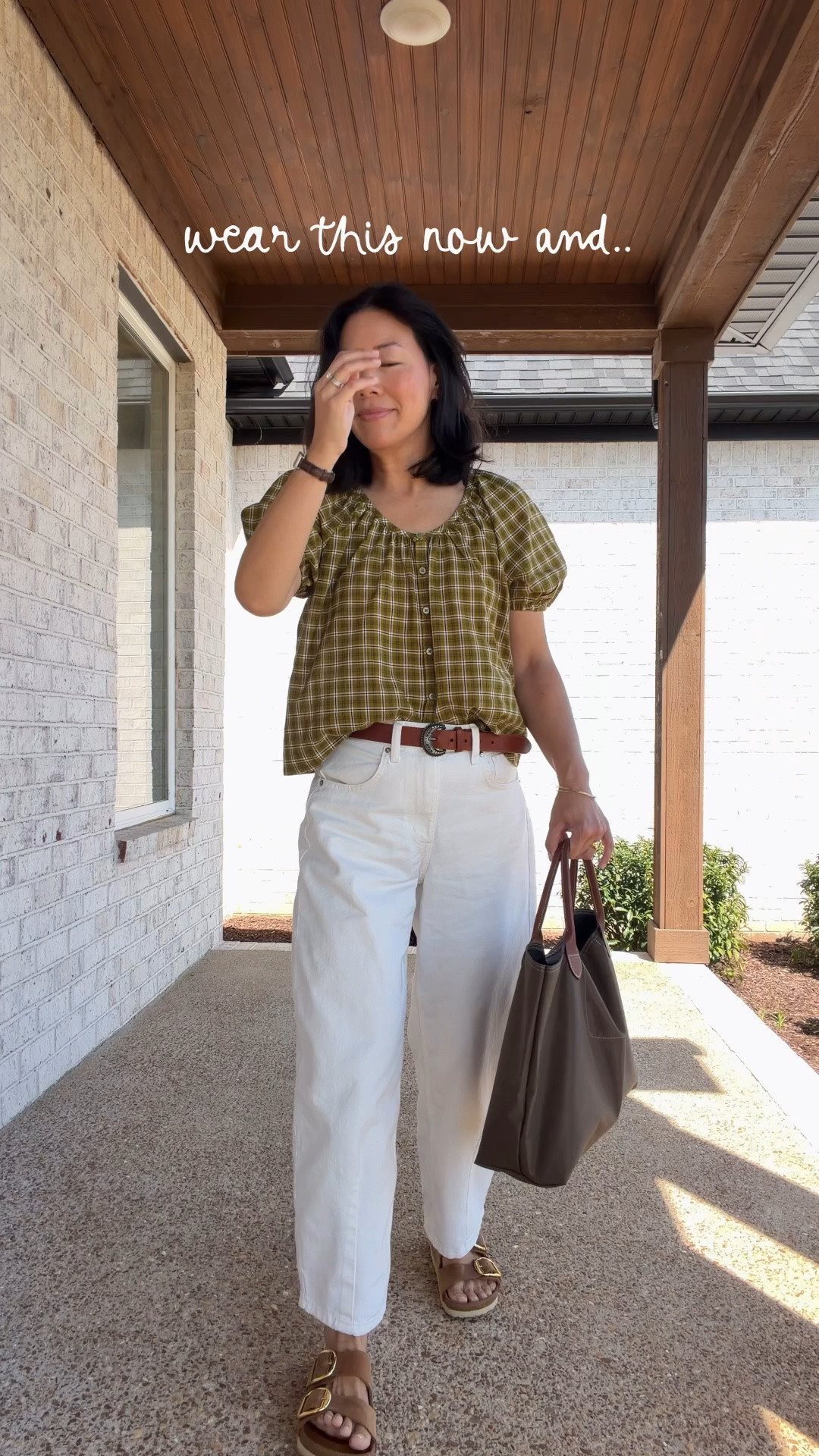 Wear this cotton plaid top with white barrel jeans for summer, and switch to brown barrel jeans for fall!

#LTKPetite #LTKOver40 #LTKootd
