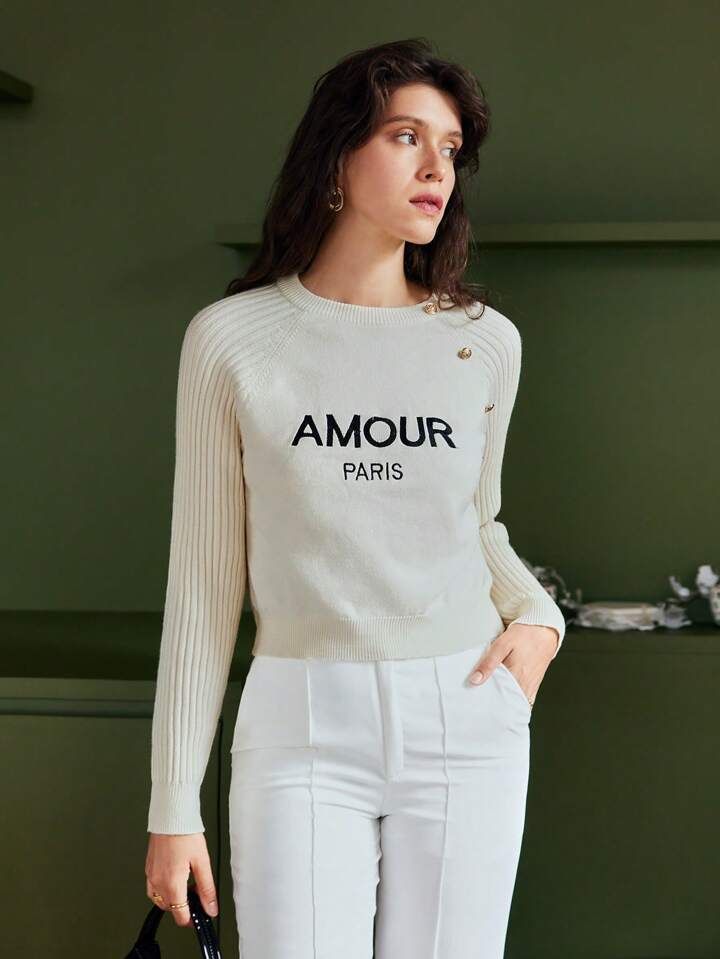 SHEIN Frenchy Letter Graphic Button Detail Raglan Sleeve Sweater | SHEIN