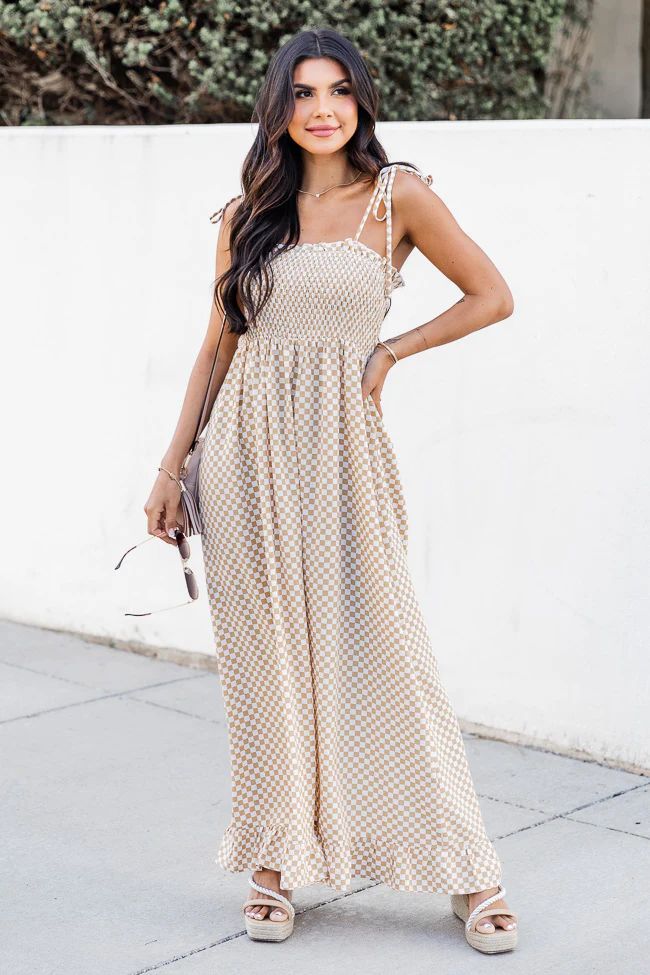 All Good Things Taupe Checkered Maxi Dress | Pink Lily