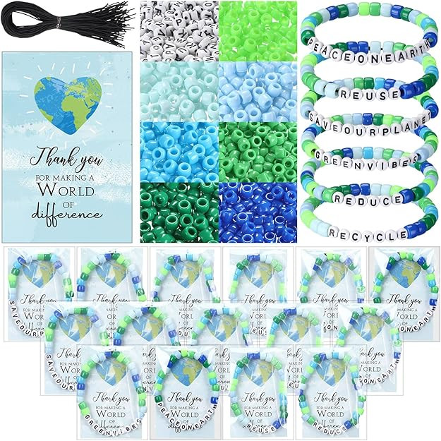 Tondiamo 50 Sets Earth Day Bracelet Crafts Kits Green Blue Acrylic Beads and Ropes Thank You Card... | Amazon (US)