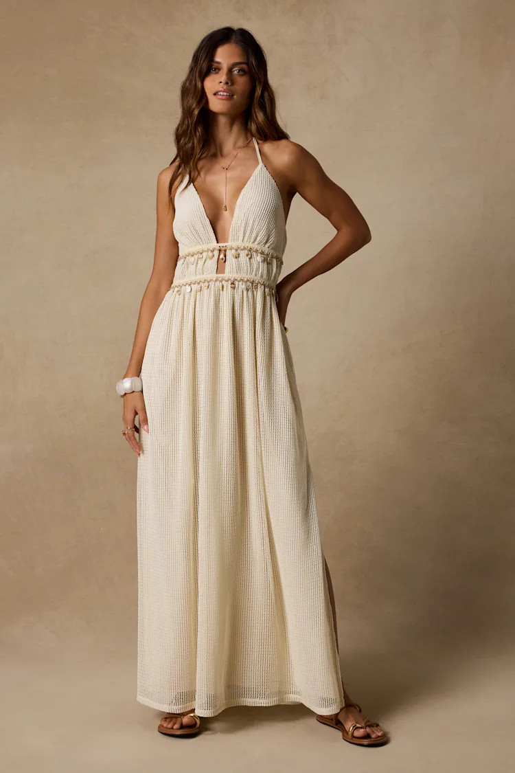 Alda Cream Crochet Knit Seashell Maxi Dress | Lulus