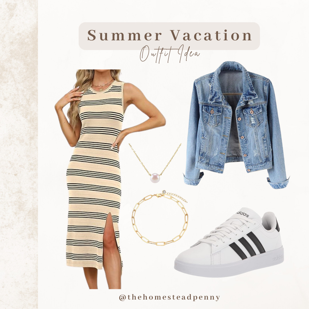 This midi dress + sneakers + denim jacket combo is my go-to for an easy, put-together look! Perfect for summer vacations—whether you're exploring a new city, heading to brunch, or chasing littles around. Just swap the sneakers for sandals, and you're ready for dinner! 🤍 

#LTKSpringStyle #SummerVacationOutfit #MidiDressStyle #CasualChic #EffortlessFashion #LTKUnder50 

 #LTKSeasonal #LTKTravel #LTKFamily
