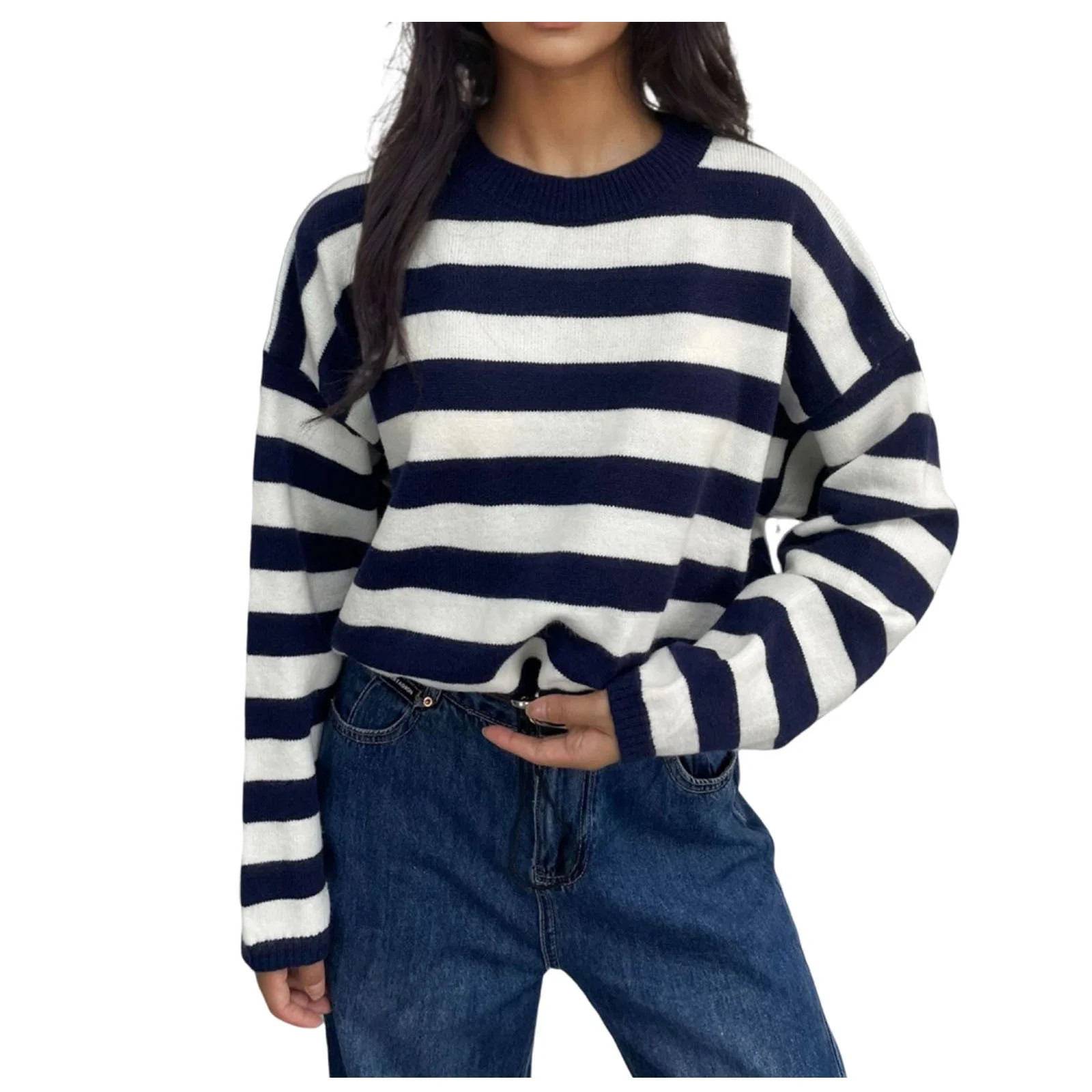 UAMVSH Oversized Sweater Pullover for Women Classic Stripe Printed Long Sleeve Knitwear Soft Ligh... | Walmart (US)
