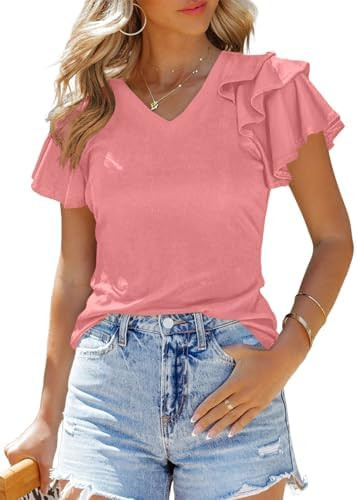SHEWIN Womens Summer Tops Ruffle Short Sleeve T Shirts Casual Slim Fit | Amazon (US)