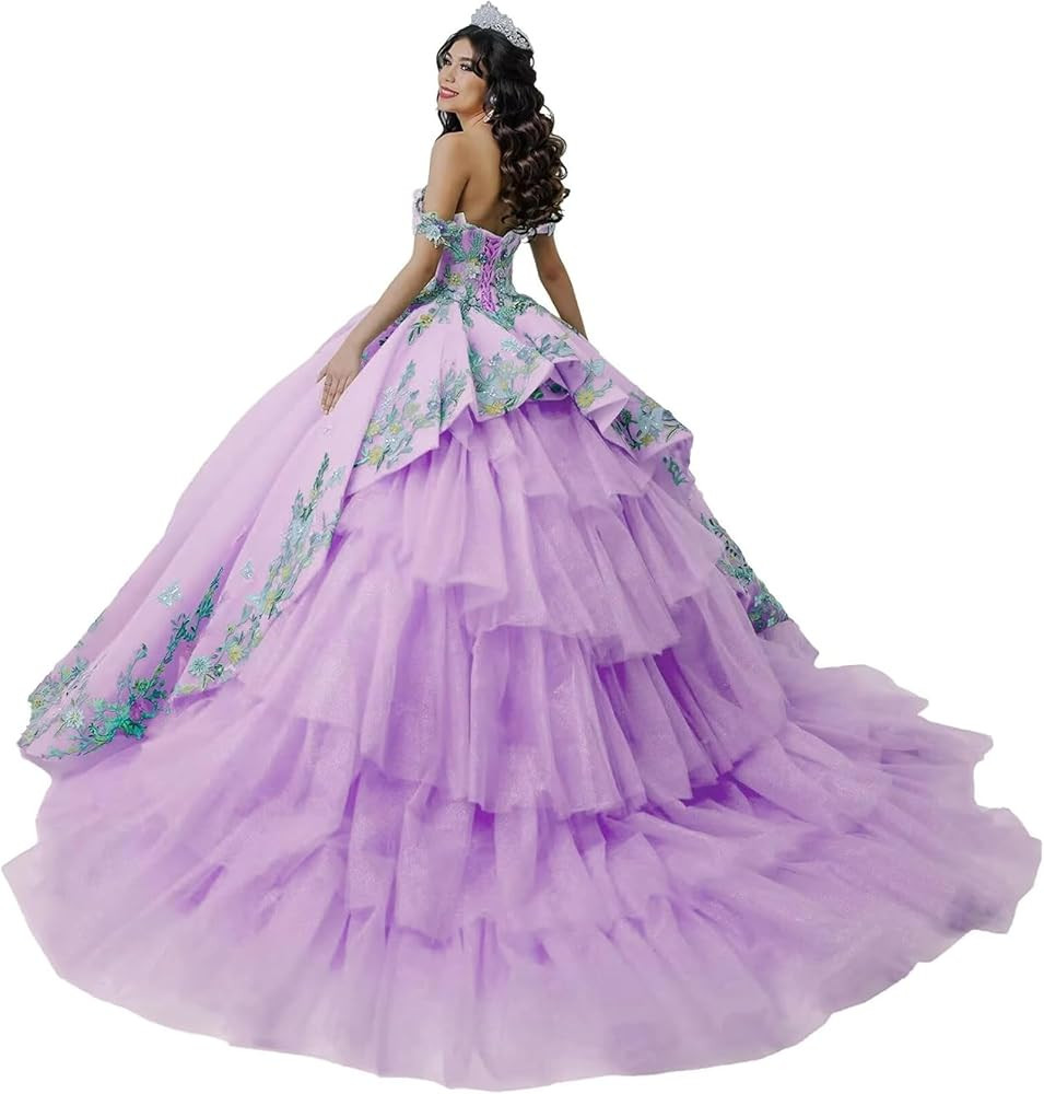 Ruffle 3D Flowers Quinceanera Dresses Tulle Lace Off Shoulder Puffy Formal Prom Evening Ball Gown | Amazon (US)