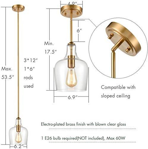 JEENKAE Modern Brass Glass Kitchen Pendant Lighting Rod-Hung Gold Pendant Light, 1-Light | Amazon (US)