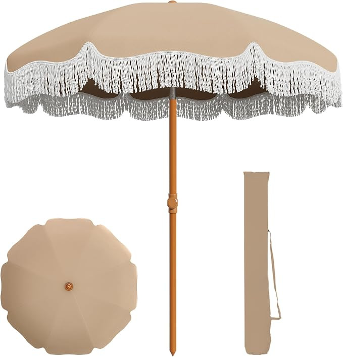 7ft Patio Umbrella with Fringe, UPF50+ Beach Umbrella for Table, Pool & Garden, Portable Outdoor ... | Amazon (US)
