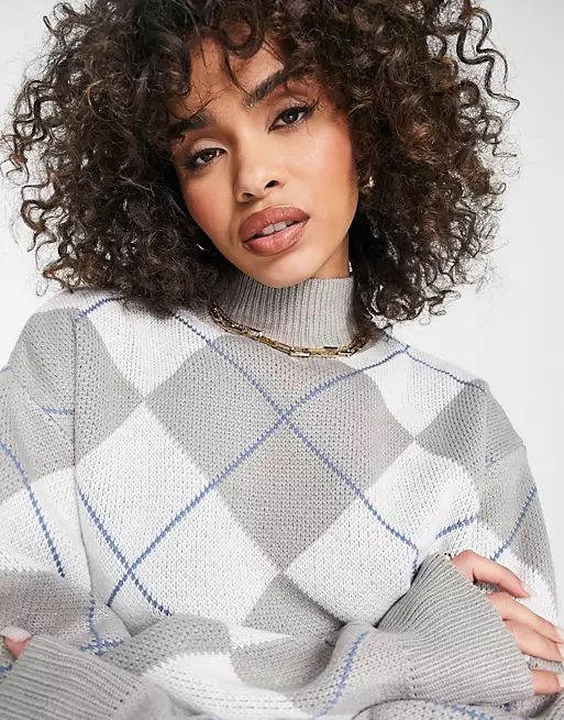 Missguided diamond check sweater in gray | ASOS (Global)