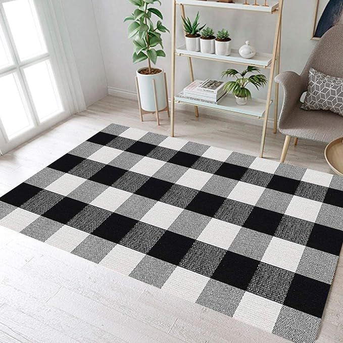 Black and White Buffalo Plaid Rug - 27x43 + Upgraded Anti-Slip Mat, Outdoor/Indoor Front Porch Ch... | Amazon (US)
