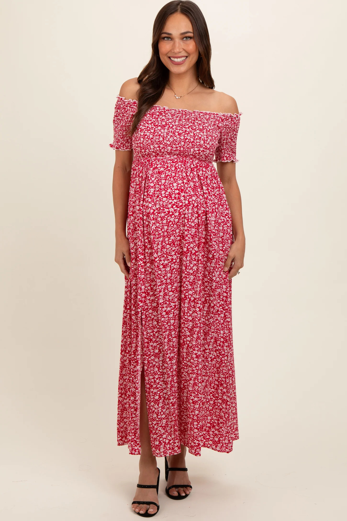 Red Floral Smocked Fitted Sleeve Side Slit Maternity Maxi Dress | PinkBlush Maternity