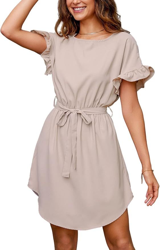 CUPSHE Women's Solid Belted Ruffled Mini Dress Round Neck Casual A Line Dress | Amazon (US)