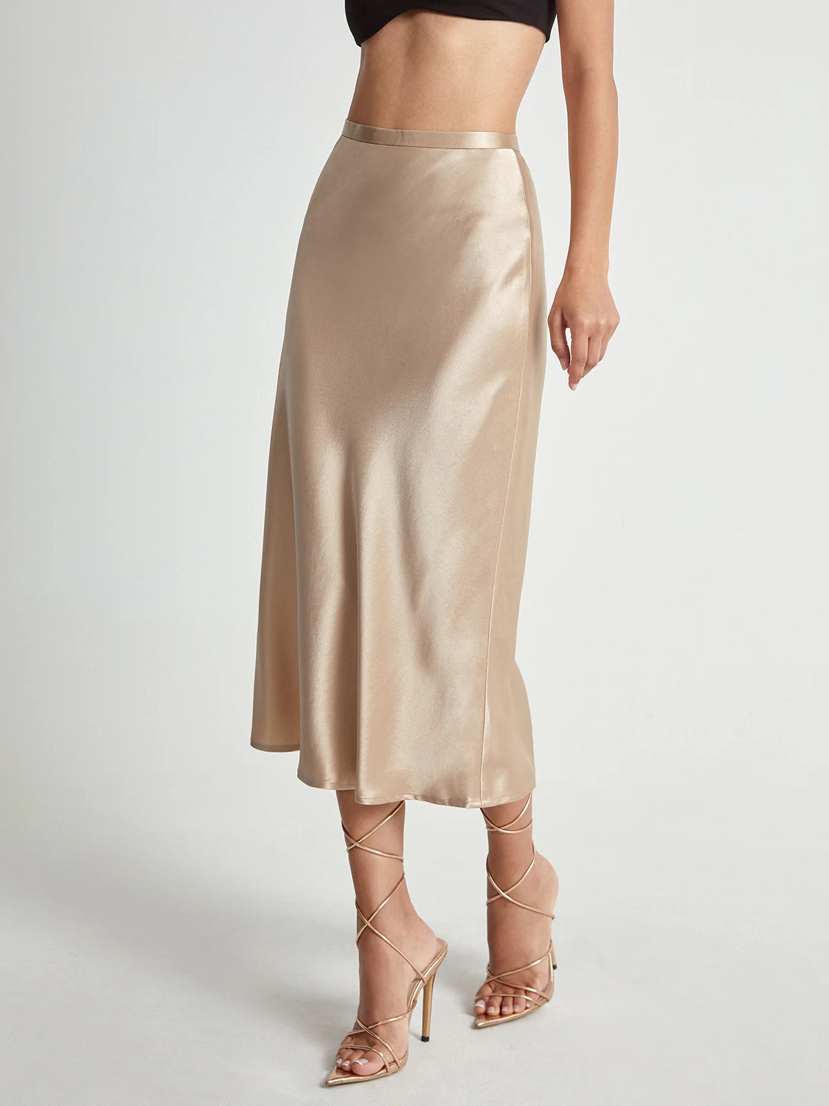 High Waisted Satin Flowy Midi Skirt | Commense