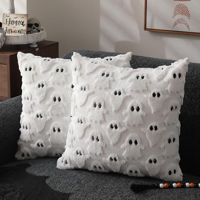 DFXSZ Halloween Pillow Covers 18x18 inch Set of 2 White Ghost Throw Pillow Cases Soft Plush Faux ... | Amazon (US)