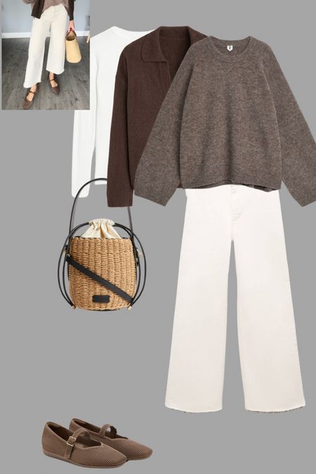 Ecru cropped wide jeans with brown tones to keep it warm. A basket bag makes ecru look feel summery. 
Arket, H&M, Zara, M&S 