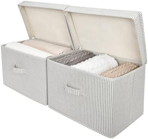 StorageWorks Decorative Storage Boxes, Storage Basket With Lid And Handles, Gray and White Stripe... | Amazon (US)