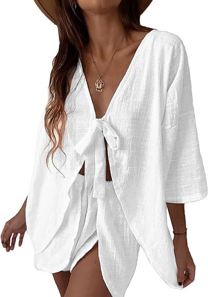 Sexy 2 Piece Outfits for Women Self Tie Knot Long Sleeve Shirt with Shorts Set Casual Matching Se... | Amazon (CA)