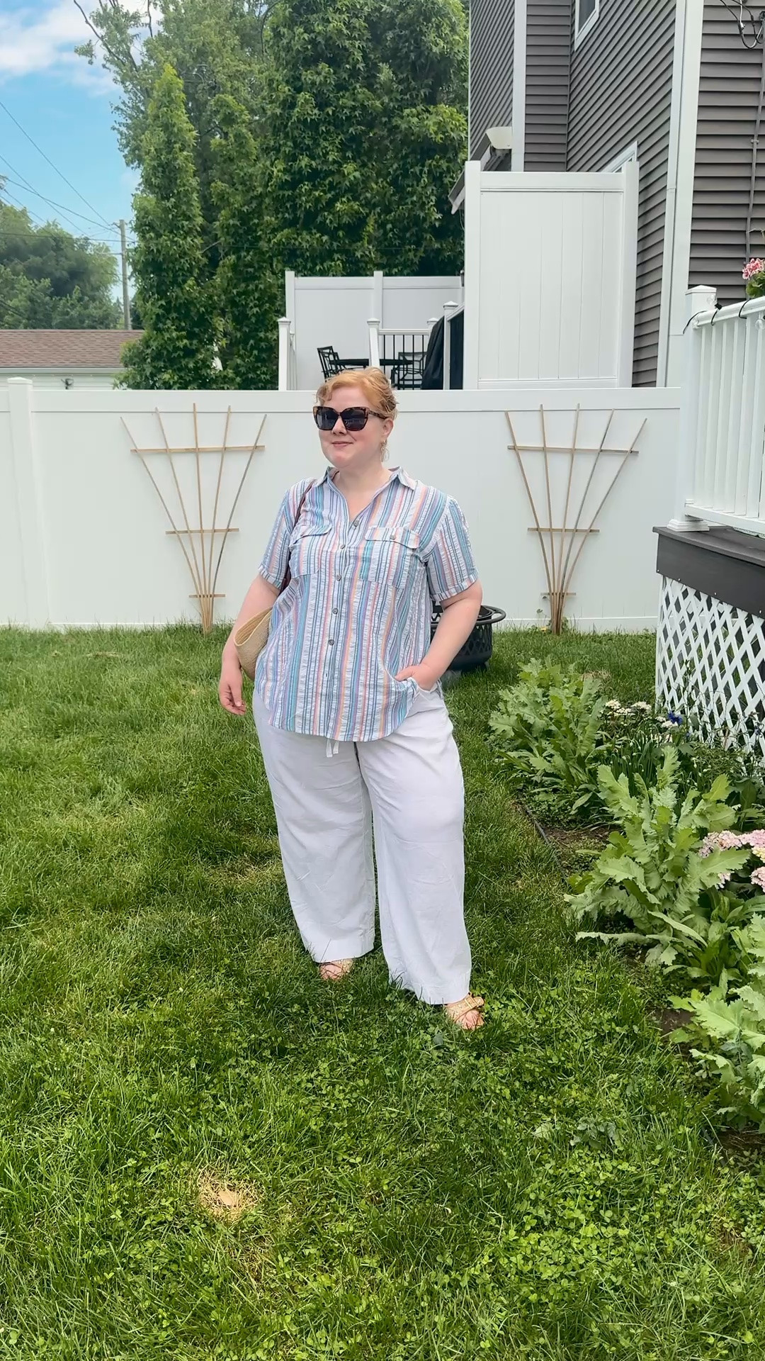 I’m wearing a new striped camp shirt from @roamans in the size 16, some drawstring linen pants from @lanebryant also in a size 16, some slide sandals from @catofashions, and my Justine Basket Bag from @sezane. Hope you all have a lovely weekend!😘☀️

#LTKootd #LTKMidsize #LTKPlusSize
