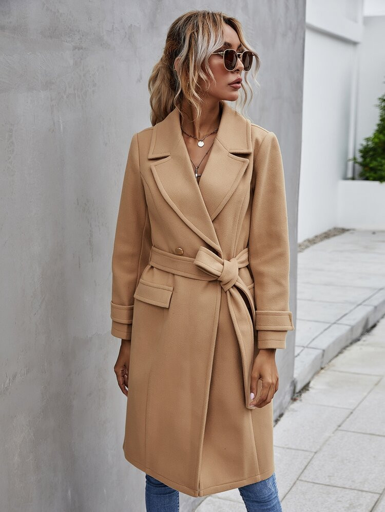Double Button Lapel Collar Self Tie Overcoat | SHEIN