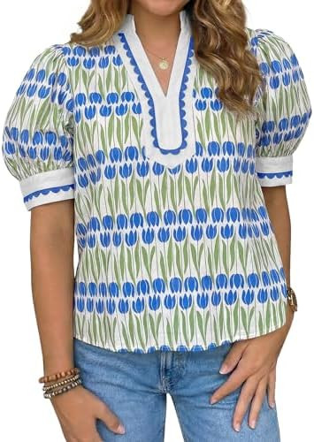 Tankaneo Womens Puff Sleeve Floral Blouse Tops Summer Dressy Casual V Neck Shirts Color Block Loo... | Amazon (US)