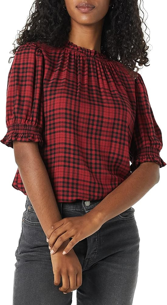 Amazon Essentials Women's Fluid Twill Short Puff Sleeve Smock Detail Shirt | Amazon (US)
