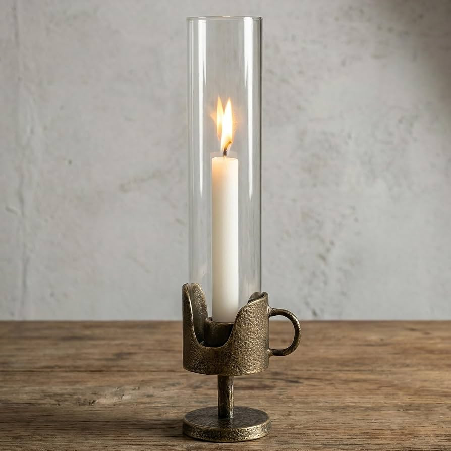 Handcrafted Cast Iron Base Hurricane Candle Holder with Glass Shade | Amazon (US)