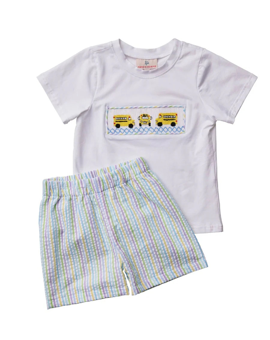 School Bus Smocked Shorts Set | Smockingbird Kids