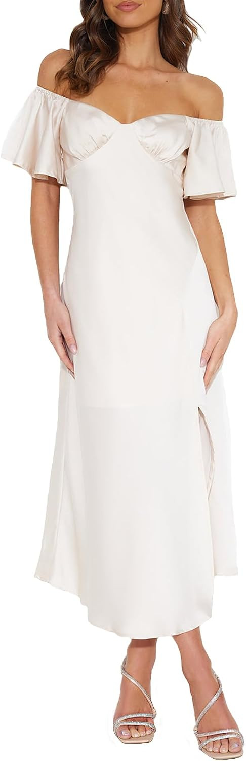 Phicia Summer Women's Satin Off Shoulder Formal Midi Dress Wedding Guest | Amazon (US)