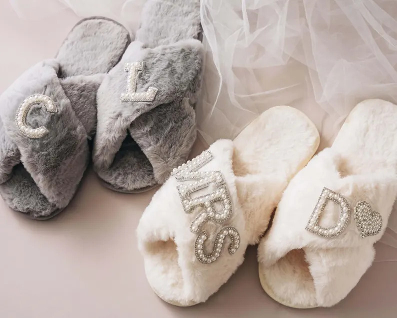 Pearls Bride Fluffy Slippers,rhinestone Mrs Slippers, Custom Bridal Shower Gift, Bachelorette Par... | Etsy (Global)