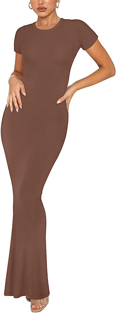 REORIA Women's Summer Casual Lounge Long Dress Elegant Short Sleeve Crew Neck Bodycon Maxi Dresse... | Amazon (US)
