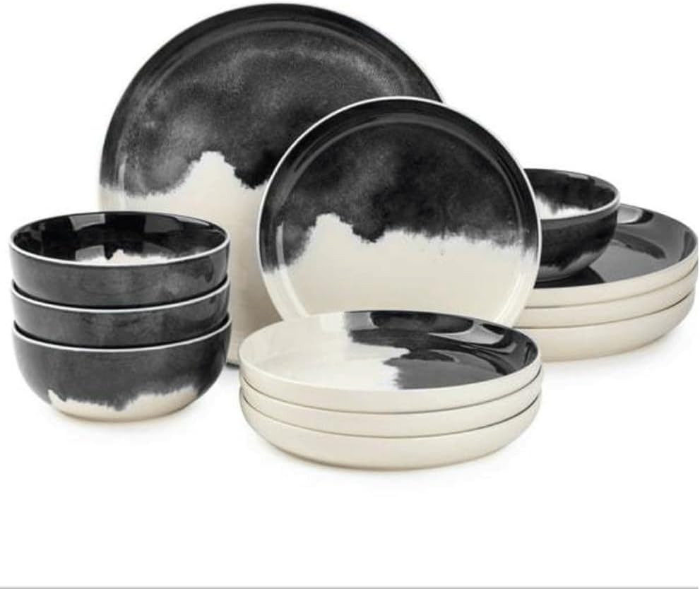 Elegant Grey Drip Stoneware Dinnerware: 12 Piece Set for Dishes and Plates Gray - Walmart.com | Walmart (US)
