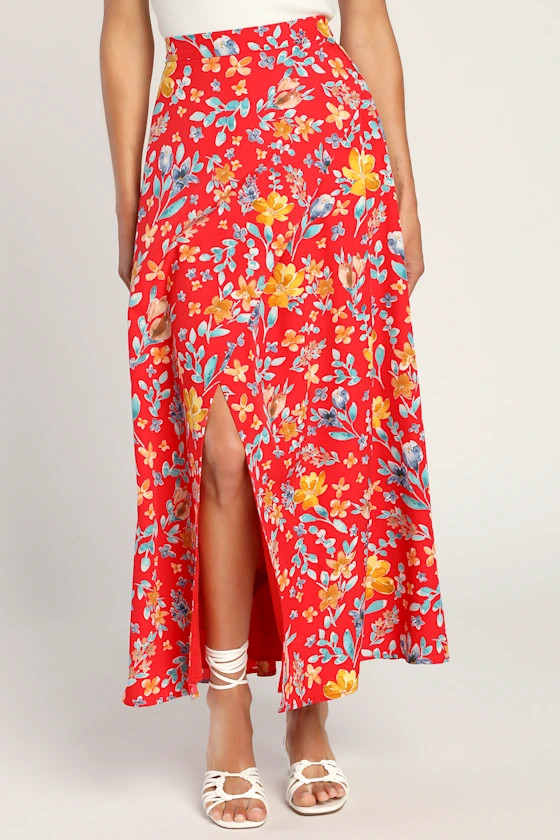Sweet Sight Red Floral Print Faux-Wrap Maxi Skirt | Lulus