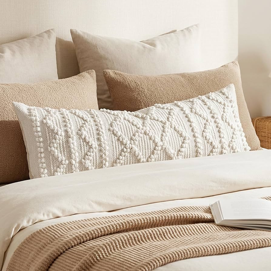 BlissBlush Pure White Decorative Lumbar Pillow Cover 14x36, Boho Long Throw Pillow for Bed, Accen... | Amazon (US)