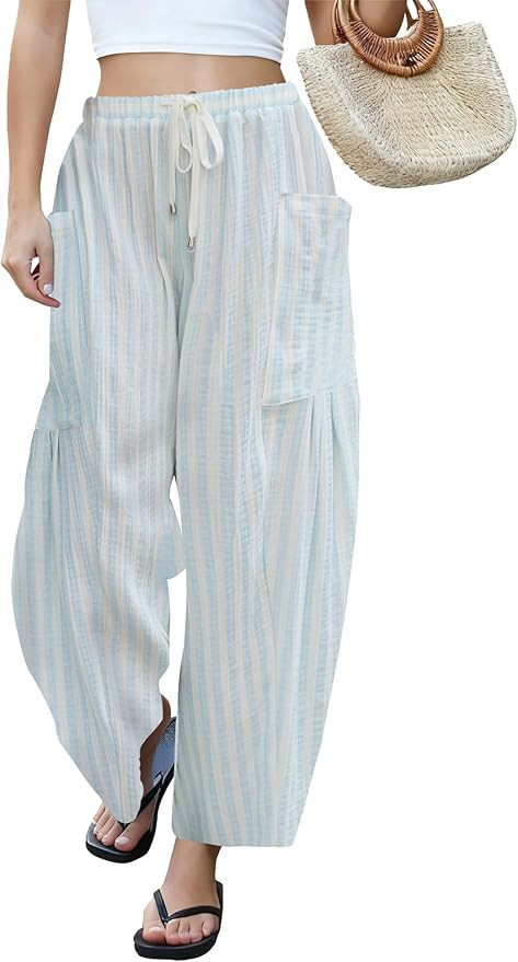 LOMON Womens Wide Leg Linen Pants Casual Drawstring Palazzo Harem Pants Summer Loose Beach Travel... | Amazon (US)