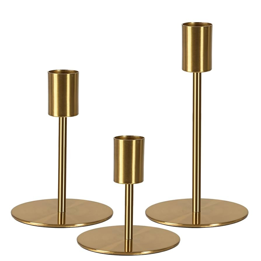 Brass Taper Candle Holders - Set of 3 Antique Brass Finish Candlestick Holder, Modern Rustic Meta... | Amazon (US)