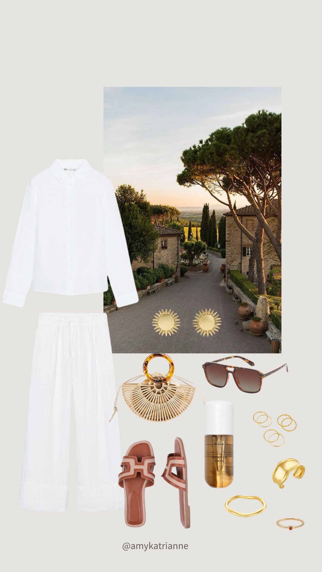 Spring Outfit ✨ I’m 5’2 and a half, so I would choose a Zara shirt in size M and trousers in XS. 😊 

Holiday Outfit Idea, PHLUR Vanilla Skin Body Mist, River Island Basket Bag, Asos, Strap Flat Sandals, Earrings, Metal Cuff, Ring Set 

 

#LTKuk #LTKspring #LTKtravel