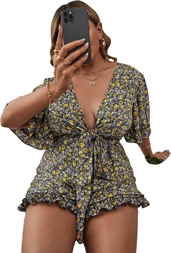 Romwe Women's Plus Size Floral Print Short Sleeve Deep V Knot Front Romper Short Jumpsuit | Amazon (US)
