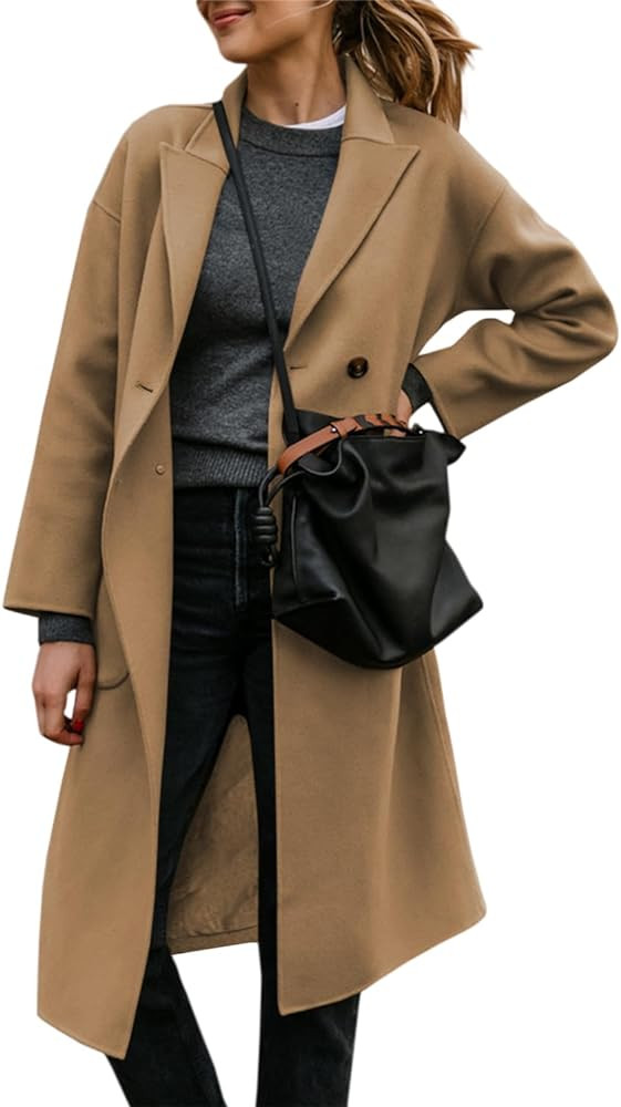 FSHAOES Womens Lapel Peacoat Winter Double-Breasted Outerwear Mid Long Jacket Casual Trench Coat | Amazon (US)