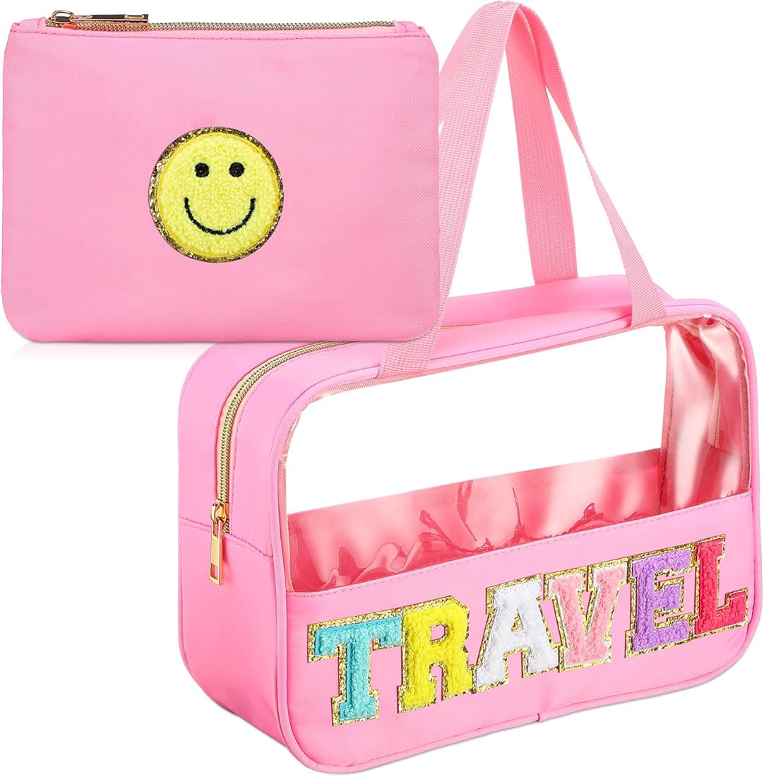 2 Pieces Preppy Makeup Bag Chenille Letter Patches Clear Travel Cosmetic Bag Waterproof Nylon Cos... | Amazon (US)