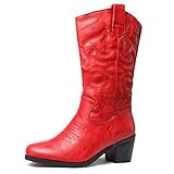 Odema Women's Western Cowboy Cowgirl Boots Stacked Heel Mid Shaft Boot with Pull On Tabs | Amazon (US)