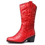 Odema Women's Western Cowboy Cowgirl Boots Stacked Heel Mid Shaft Boot with Pull On Tabs | Amazon (US)
