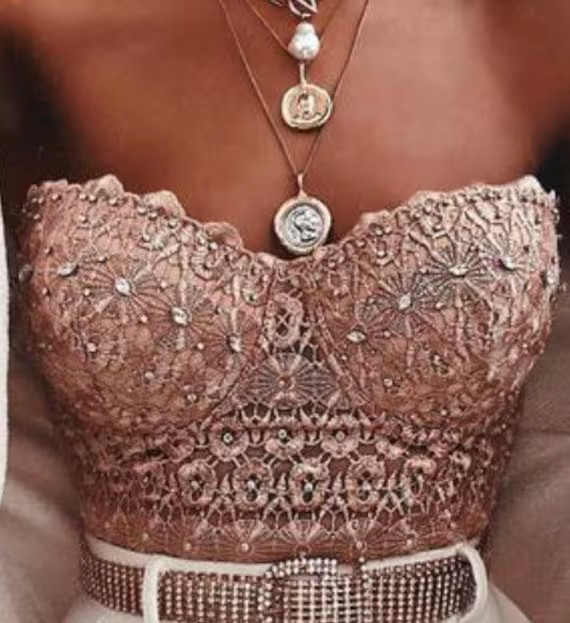 Nude/beige Lace beaded crystal rhinestone bustier corset crop top- Bridal Holiday Summer | Etsy (US)