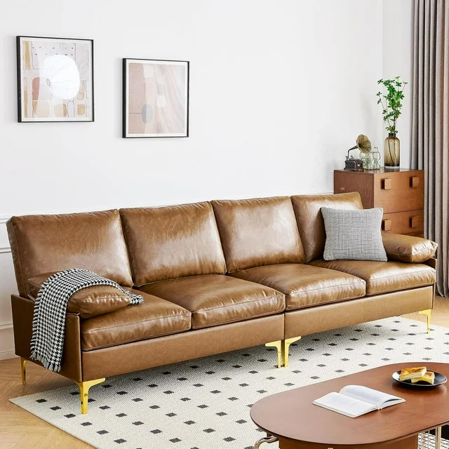 106" Sectional Sofa Couch, Mid Century Modern Faux Leather Couch with Hand-Sewn and Backrest Pill... | Walmart (US)