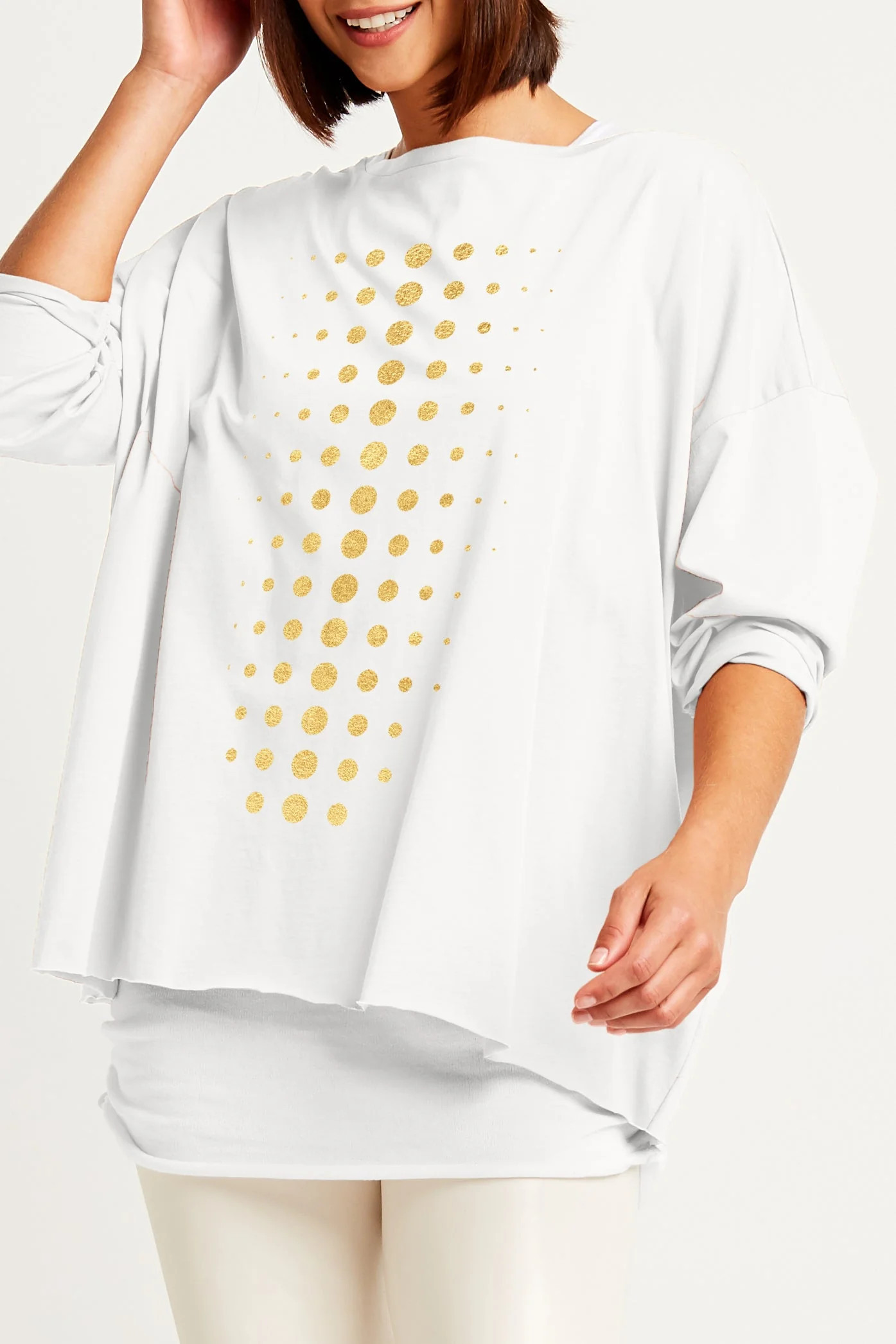 Pima Cotton Metallic Dot Dot Dot Luxury Boxy T-Shirt - Stone/GoldF | Planet By Lauren G