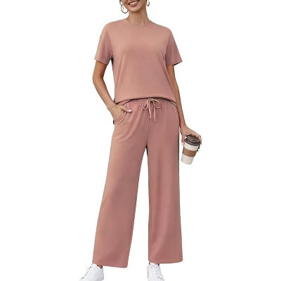 PINSPARK 2 Piece Sets for Women Soft Short Sleeve Matching Lounge Set Wide Leg Pants Tracksuit Travel Summer Outfits 2025 Pale Pink XXL | Target
