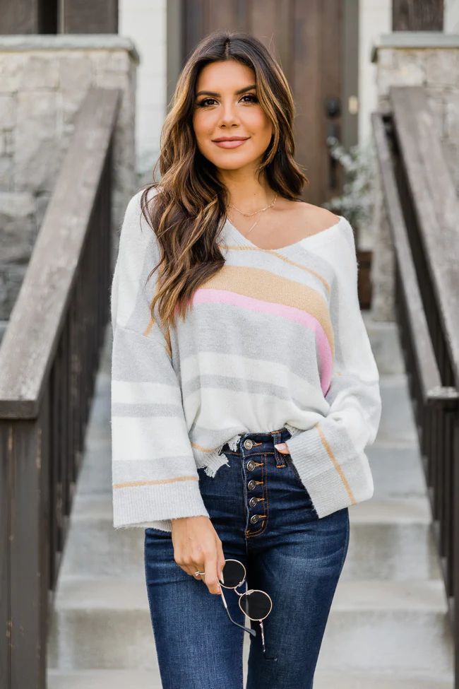 Sugar Surprise Pink/Grey Distressed Striped Sweater | The Pink Lily Boutique