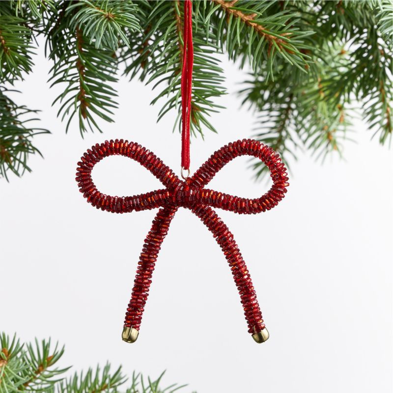 Red Beaded Bow Christmas Tree Ornament | Crate & Barrel