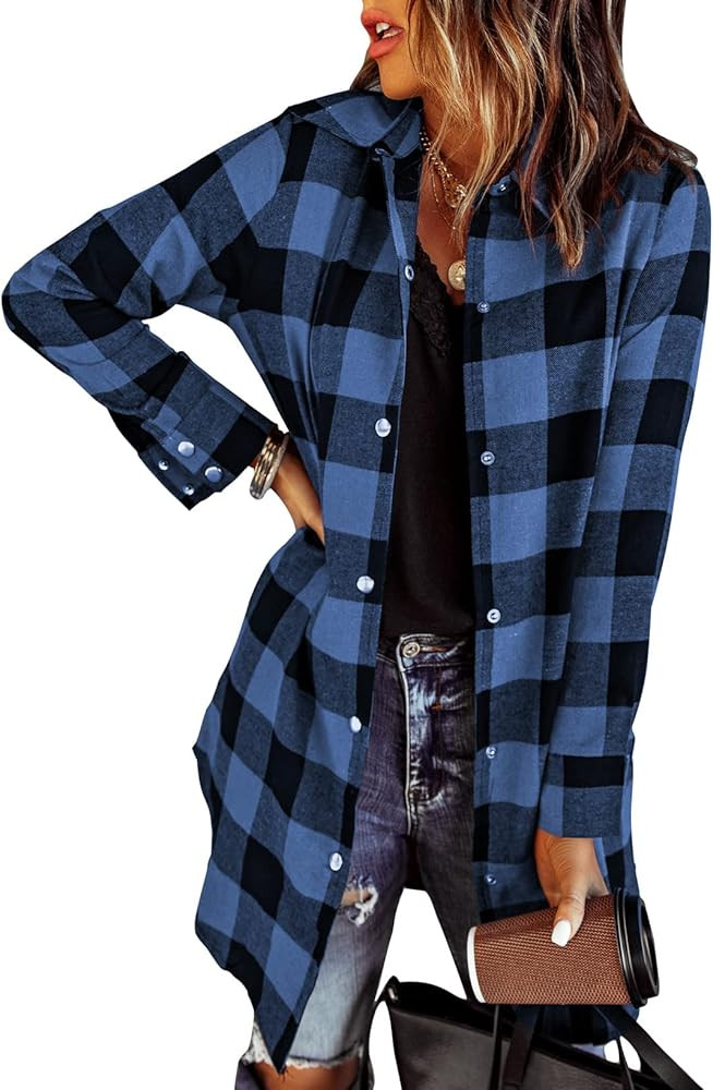 EVALESS Color Block Plaid Shacket Jacket Women Cute V Neck Long Sleeve Button Down Blouses Tops Flan | Amazon (US)