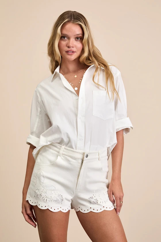 Zillah Ivory Twill Eyelet Embroidered Scalloped Shorts | Lulus