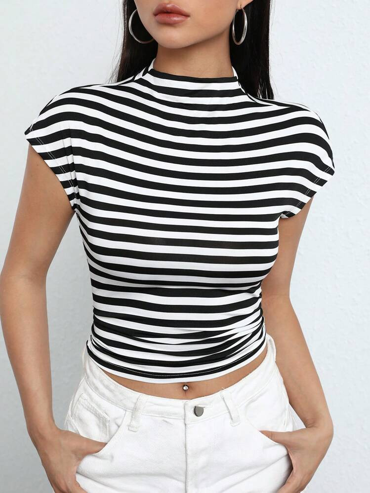 SHEIN EZwear Striped Print Mock Neck Crop Tee | SHEIN